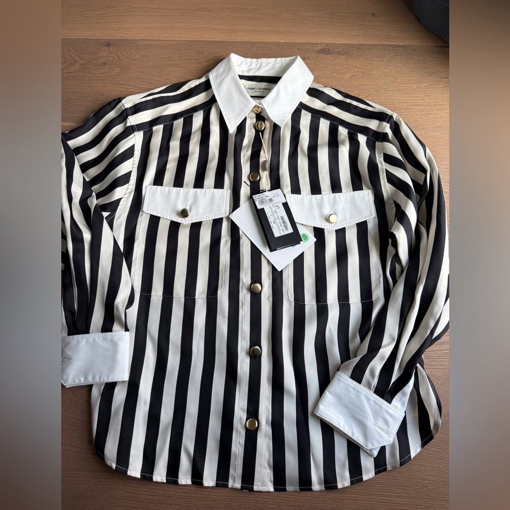 NWT SAINT LAURENT Striped Silk Shirt XS Authentic